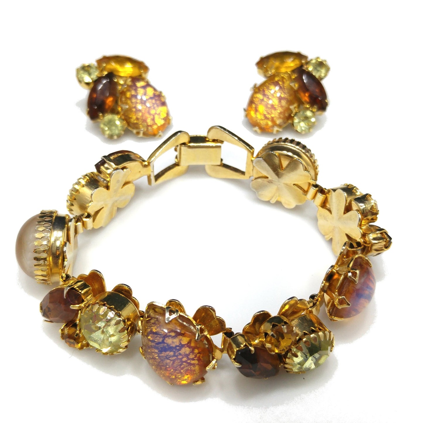 Gold Foil Faux Opal Rhinestone Bracelet & Earrings, Light Topaz Jonquil Rhinestones, 1960s Vintage Jewelry