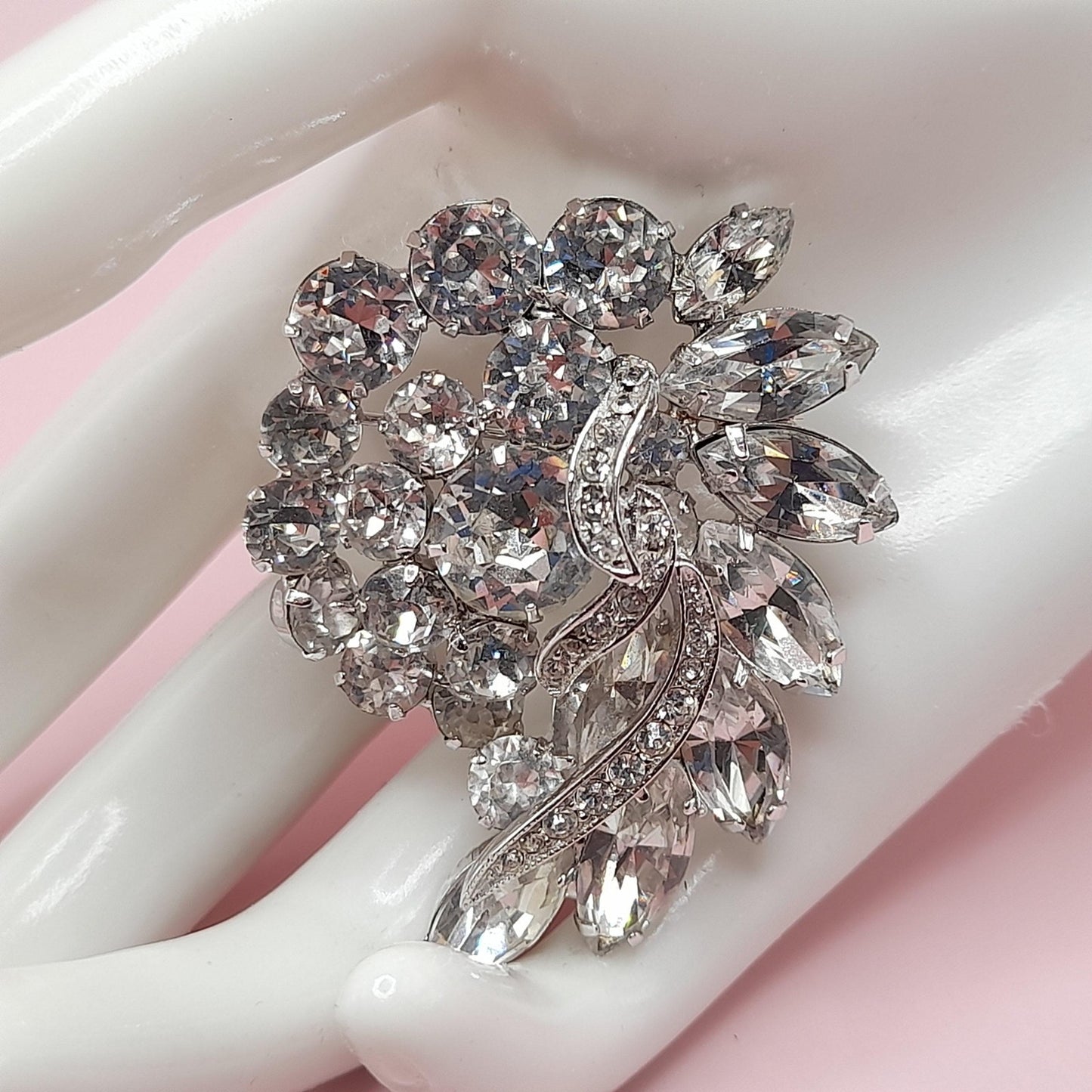 Vintage Clear Rhinestone Brooch, Rhodium Plated, 1960s, 2 1/4 Inches