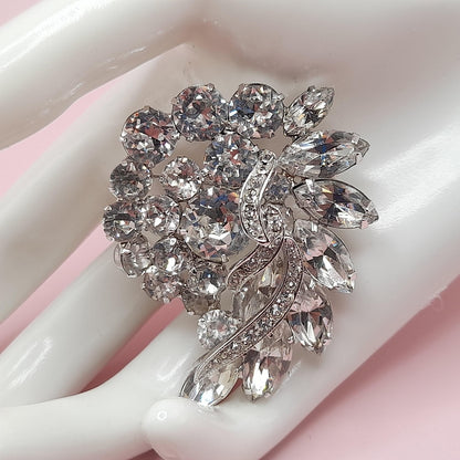 Vintage Clear Rhinestone Brooch, Rhodium Plated, 1960s, 2 1/4 Inches