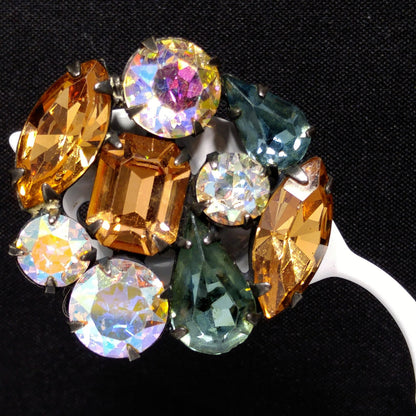 Weiss Blue Green Topaz Rhinestone Earrings, Clip Antique Gold Plate, 1950s Vintage