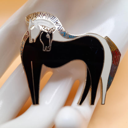 Laurel Burch "Embracing Horses" Brooch, Gold Plated, Black White Horse, 1980s Vintage Jewelry