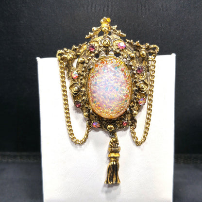 Vintage 1950s Hollywood Faux Opal Glitter Glass Brooch Tassel