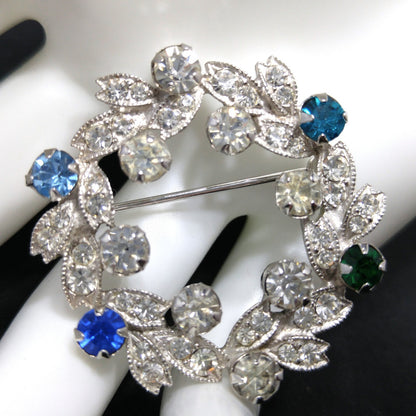 Eisenberg Rhinestone Wreath Brooch, Rhodium Plated, 1950s Vintage Jewelry