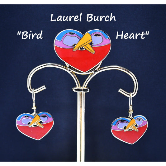 Laurel Burch "Bird Heart" Red Brooch & Earrings, Gold Plated Cloisonne Enamel, 1980s Vintage Jewelry