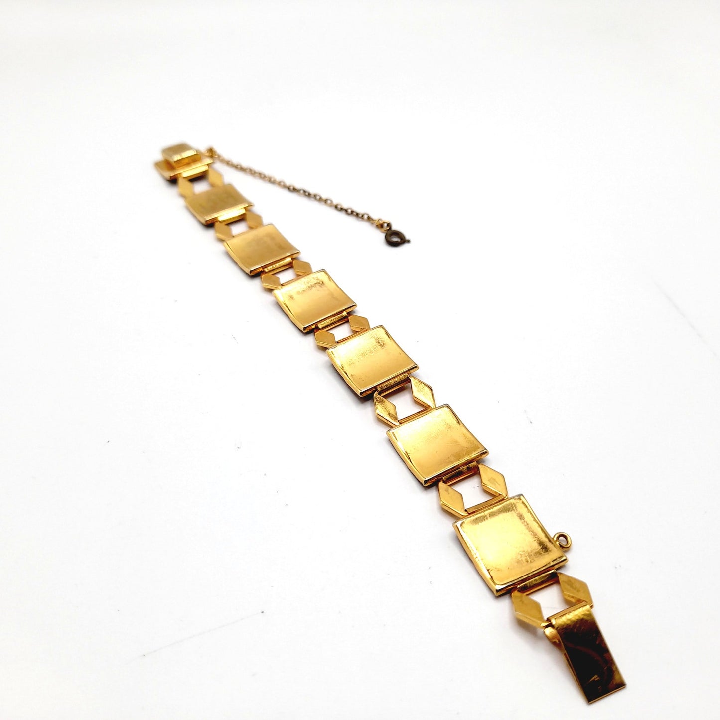 Vintage Damascene Castle Link Bracelet, Spanish Gold Black Jewelry, 7 Inch Chain