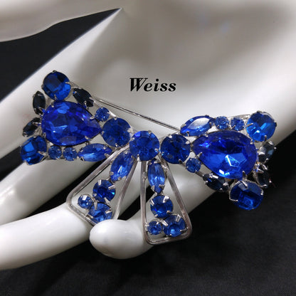 Weiss Blue Rhinestone Bow Brooch, Rhodium Plated, 1960s Vintage Jewelry