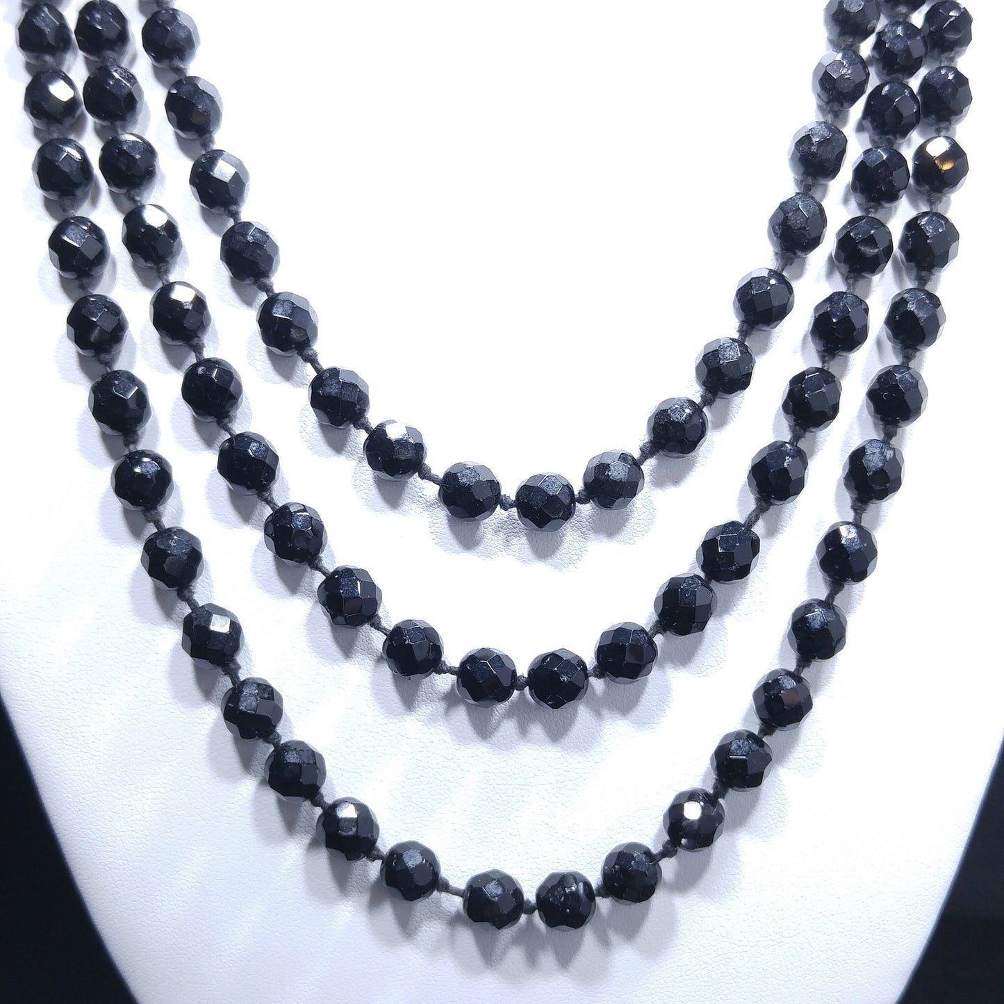 Black Crystal Beaded Necklace, Made in Austria, Hand Knotted, 1920s Vintage