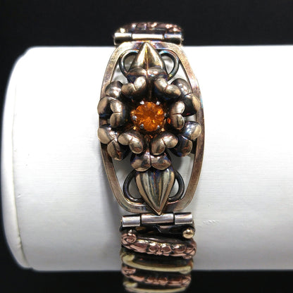 Antique Lustern Expansion Bracelet, 12KGF Sterling, Orange Rhinestone, 1920s Vintage Jewelry