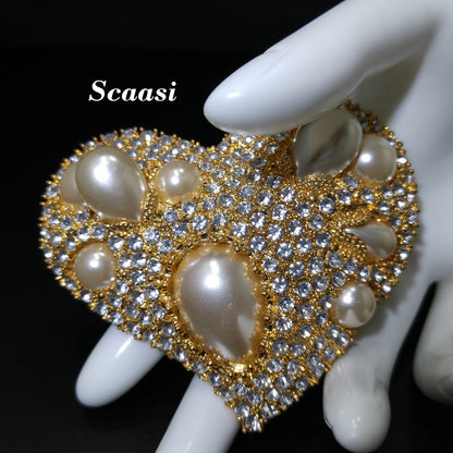 Scaasi Heart Faux Pearl Brooch Pendant, Designer Runway Jewelry, 1980s Vintage Jewelry