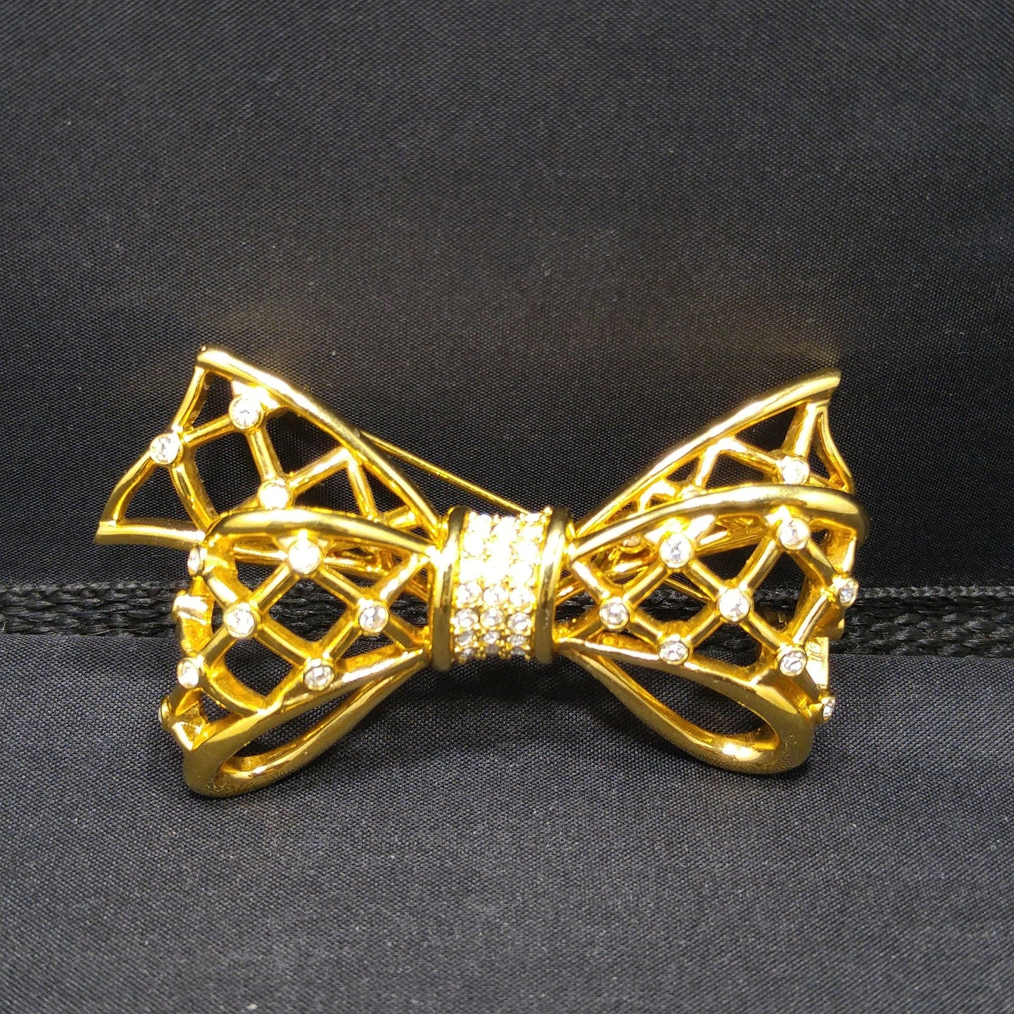 Swarovski Gold Bow Brooch, Clear Rhinestones, Vintage 1980s Jewelry