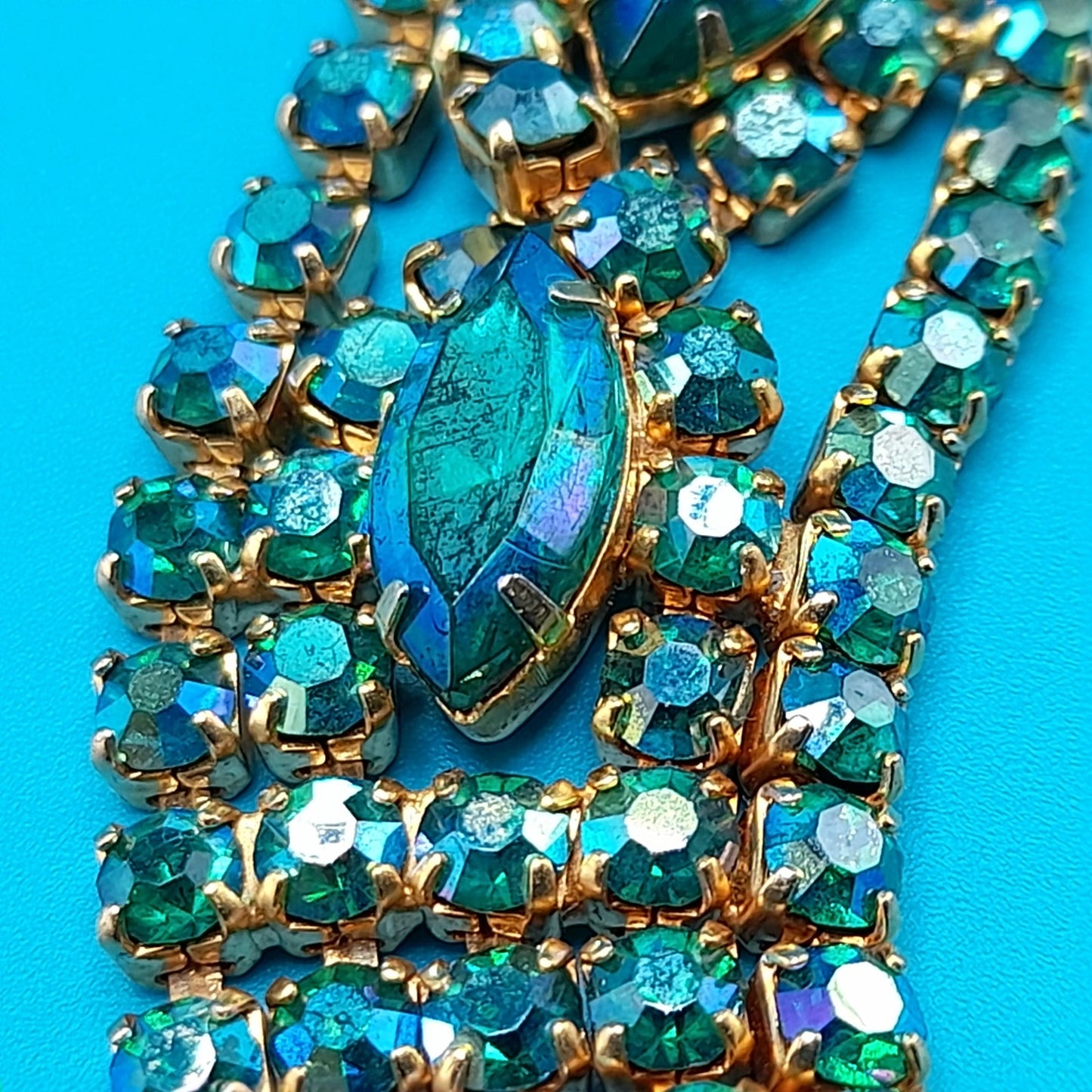 Green Blue Aurora Borealis Rhinestone Bracelet, Gold Plated, 1960s Vintage Jewelry