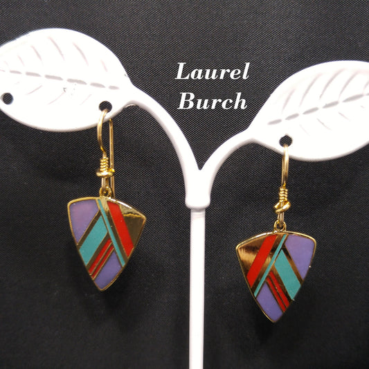 Vintage Laurel Burch Gold Plated Dangle Earrings, Enamel Teal Purple Red