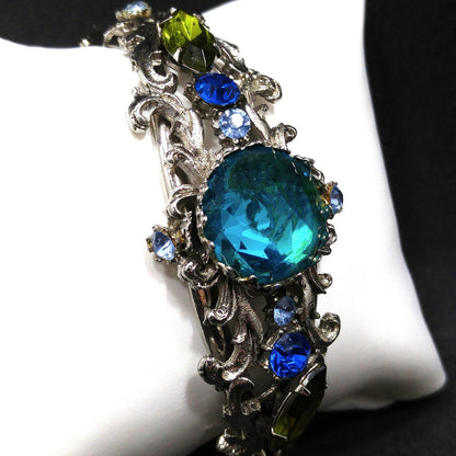 Teal Rivoli Rhinestone Hinged Bracelet, Safety Chain, Rhodium Plated, 1960s Vintage Jewelry