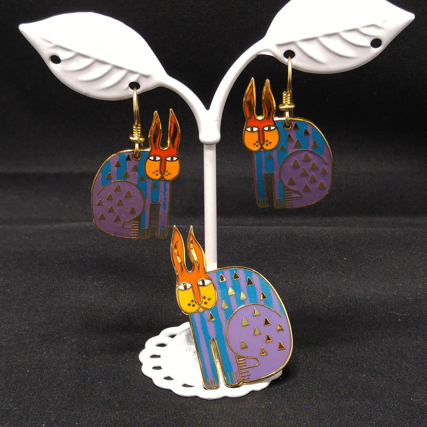 Laurel Burch "Rabbit For Ross" Brooch & Earring Set, Rainbow Enamel, Gold Plated, 1980s