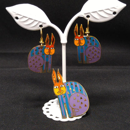 Laurel Burch "Rabbit For Ross" Brooch & Earring Set, Rainbow Enamel, Gold Plated, 1980s