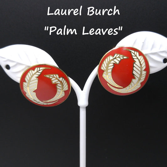 Vintage Laurel Burch "Palm Leaves" Red White Enamel Post Earrings, Gold Plated