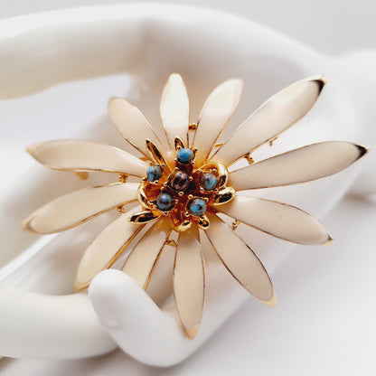 Vintage Large Cream Enamel Gold Plated Daisy Flower Brooch