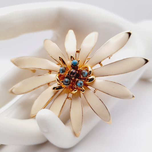 Vintage Large Cream Enamel Gold Plated Daisy Flower Brooch