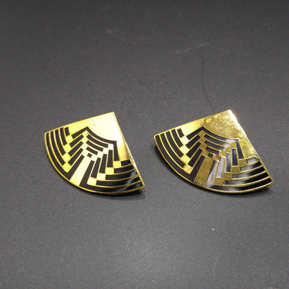 Vintage Laurel Burch Large Fan Post Earrings, Black Enamel, Gold Plated