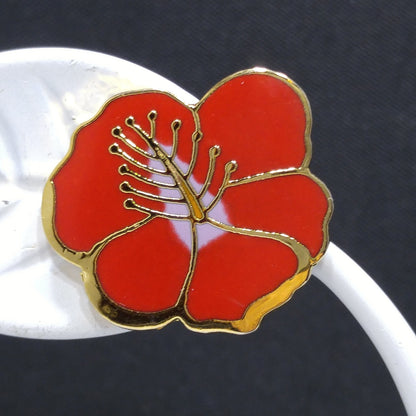 Vintage Laurel Burch Red Hibiscus Clip Earrings, Gold Plated