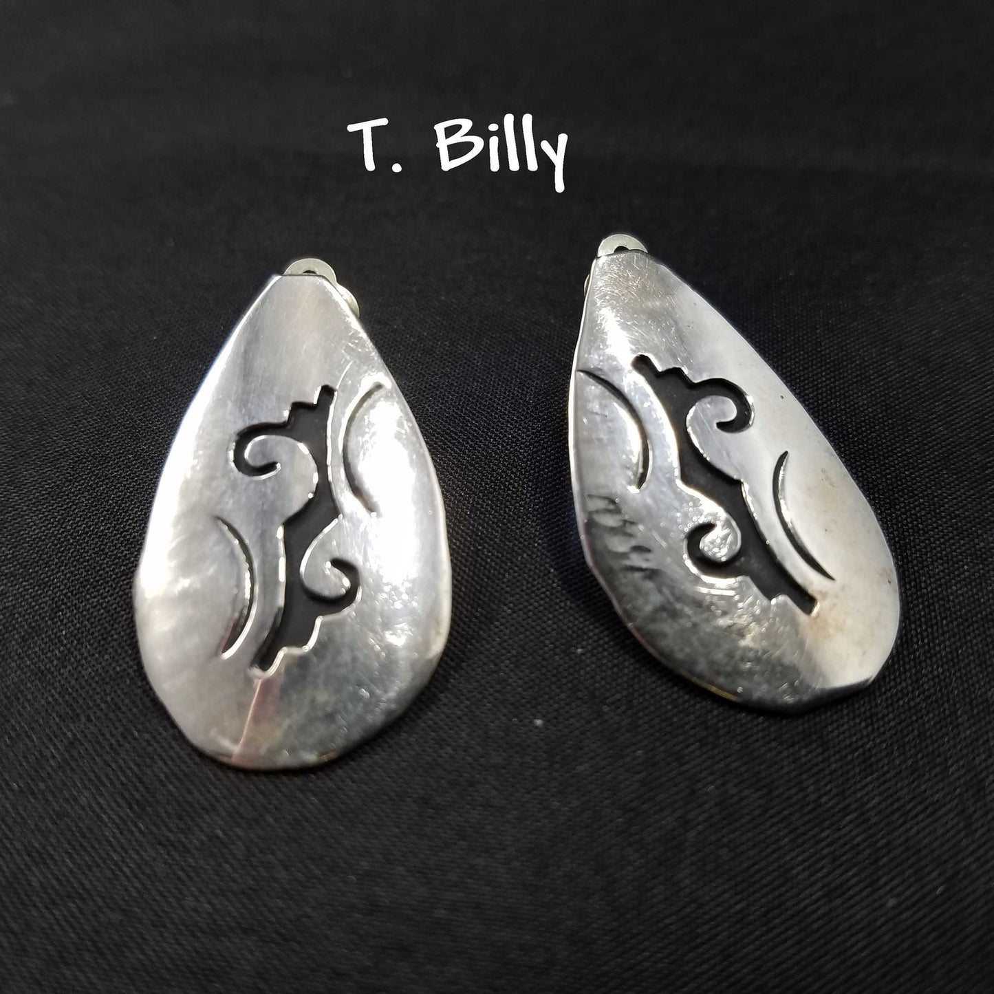 Vintage Navajo T. Billy Sterling Silver Clip Earrings, Black Enamel