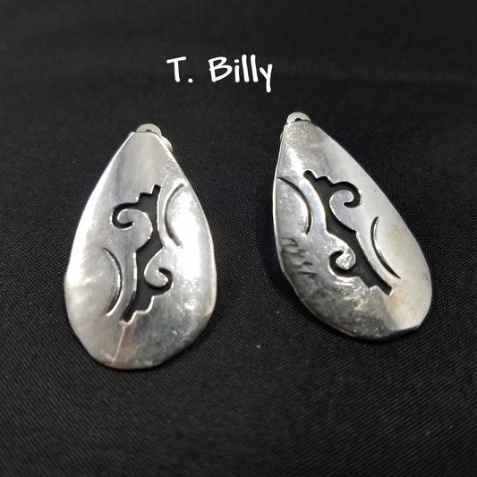 Vintage Navajo T. Billy Sterling Silver Clip Earrings, Black Enamel