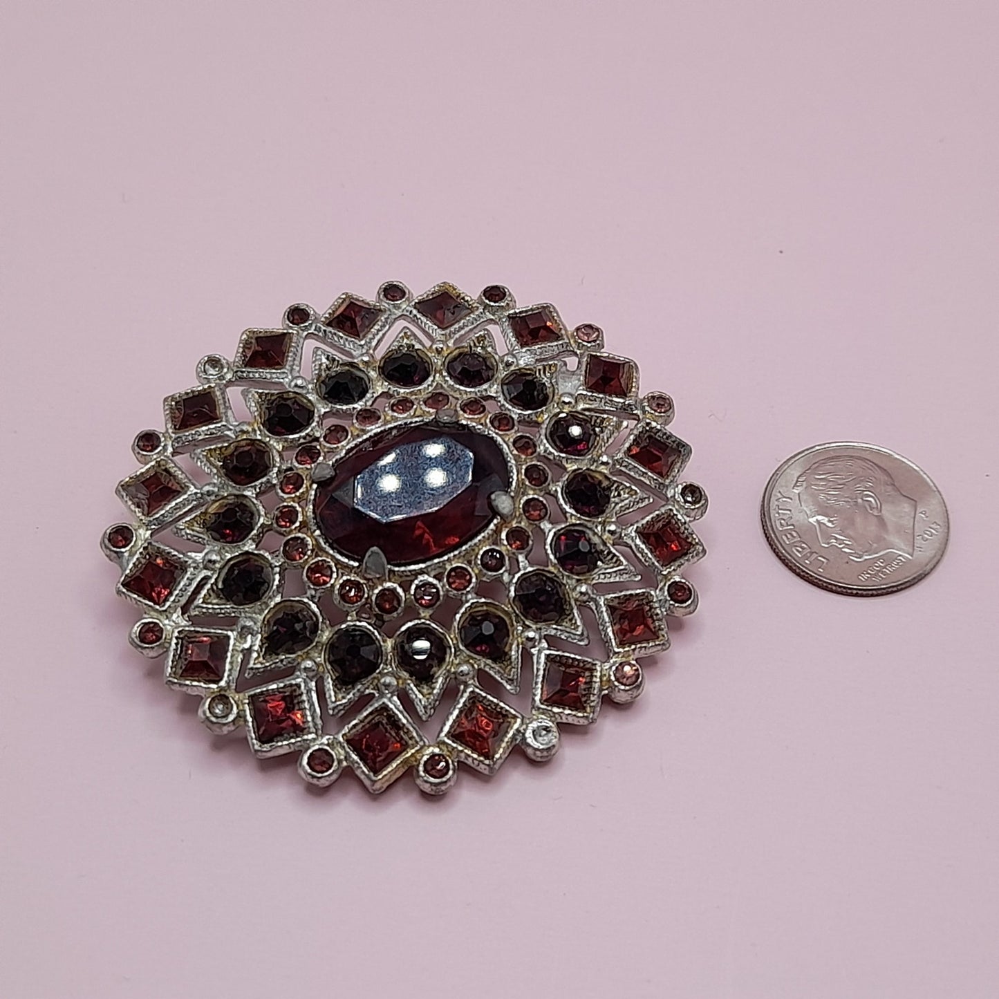 Vintage Purple Rhinestone Oval Brooch, Pot Metal, C Clasp, 1930s
