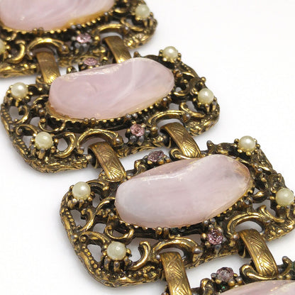 Vintage Chunky Art Glass Wide Bracelet, Pink Glass, 1940s 1950s Vintage Jewelry