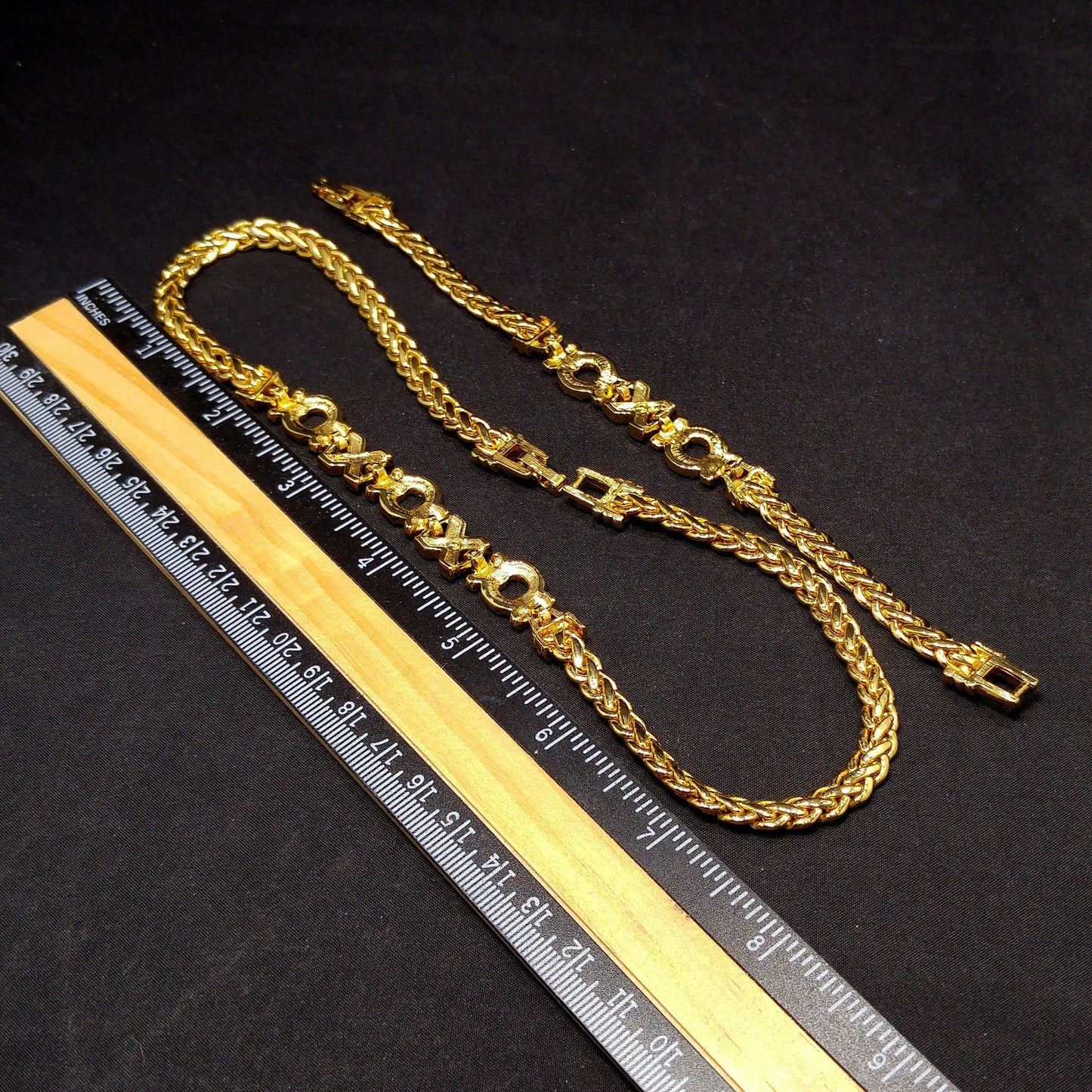 Swarovski Necklace & Bracelet Set – 1980s 1990s Gold Plated XOXO Design with Clear Rhinestones, Signed Swan Logo