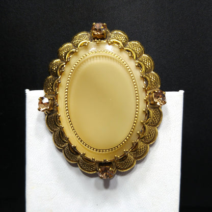Vintage 1950s West Germany Beige Art Glass Filigree Brooch Gold Tone Rhinestones