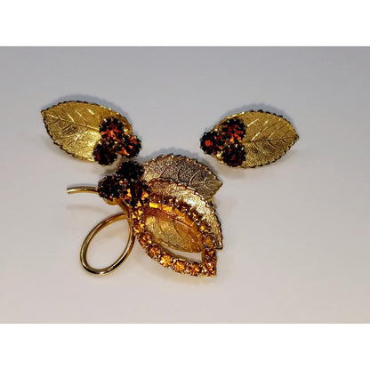 Vintage Judy Lee Gold Leaf Brooch & Earrings Set Topaz Rhinestones 1950s