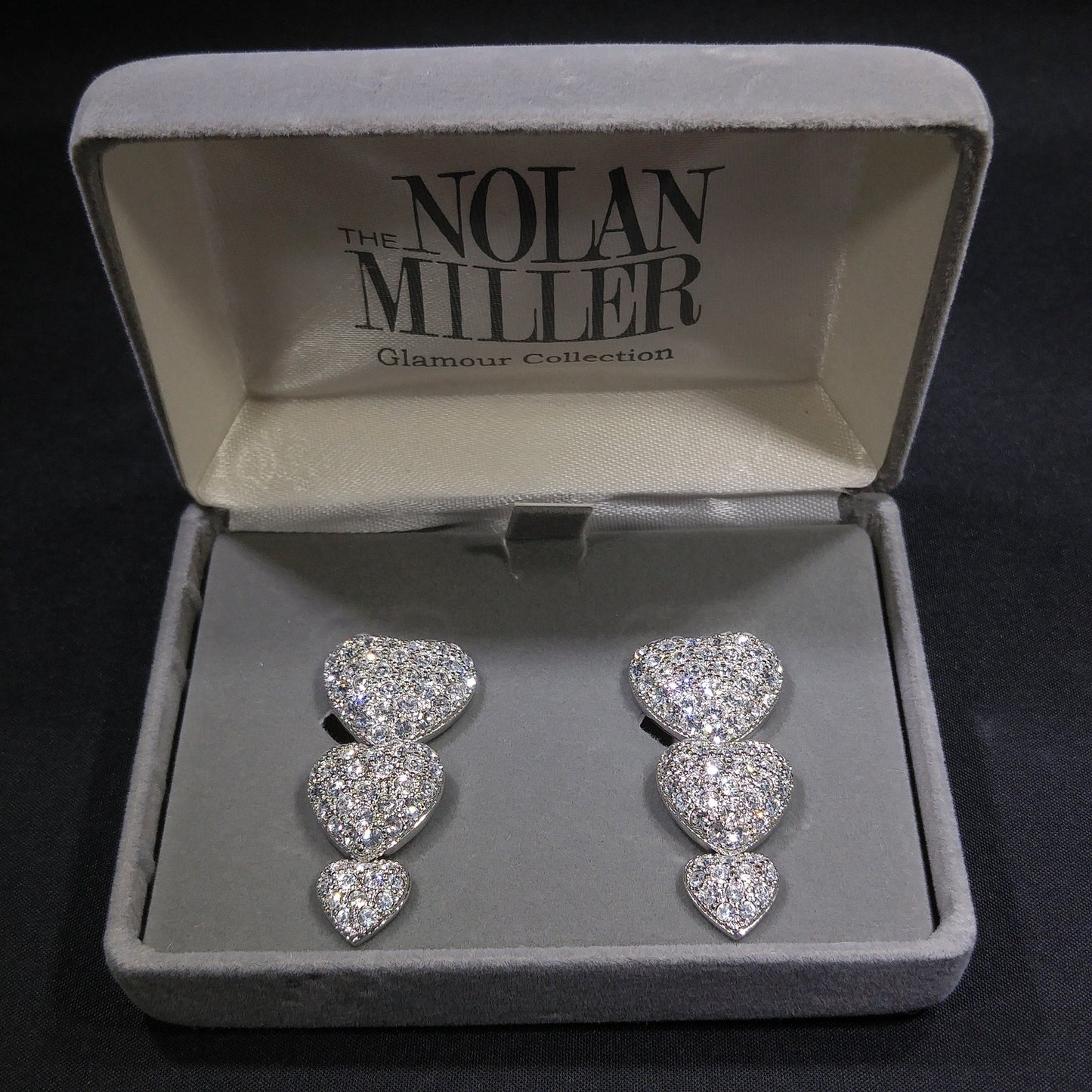 Nolan Miller Rhinestone Heart Drop Earrings, Glamour Collection, Vintage 1990s Clip-On Jewelry