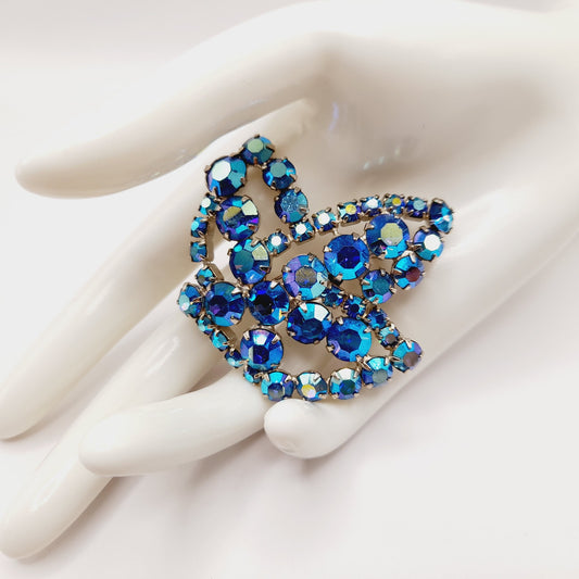 Vintage Blue Aurora Borealis Rhinestone Brooch, Openwork Silver Tone, Midcentury Jewelry, 2 Inches