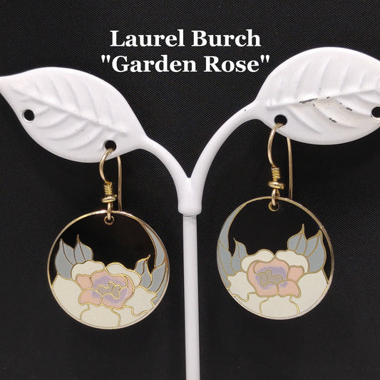 Vintage Laurel Burch "Garden Rose" Earrings, Gold Plated Cloisonné