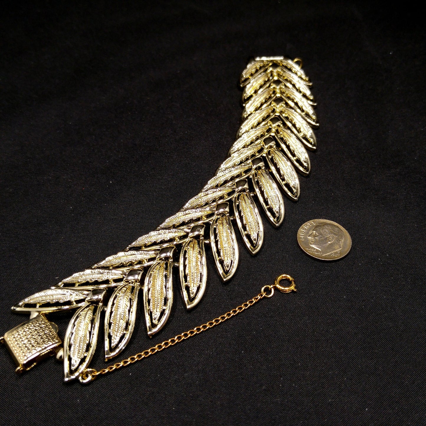 Coro Pegasus Leaves Wide Bracelet, Gold Plated, Safety Chain, 1950s Vintage Jewelry