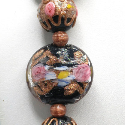 Vintage Italian Wedding Cake Glass Necklace, Black Gold Copper Venetian Lampwork Beads, 1940s Vintage Jewelry