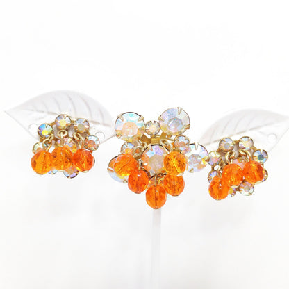 Small Aurora Borealis Brooch & Matching Earrings, Tangerine Orange Dangles, 1950