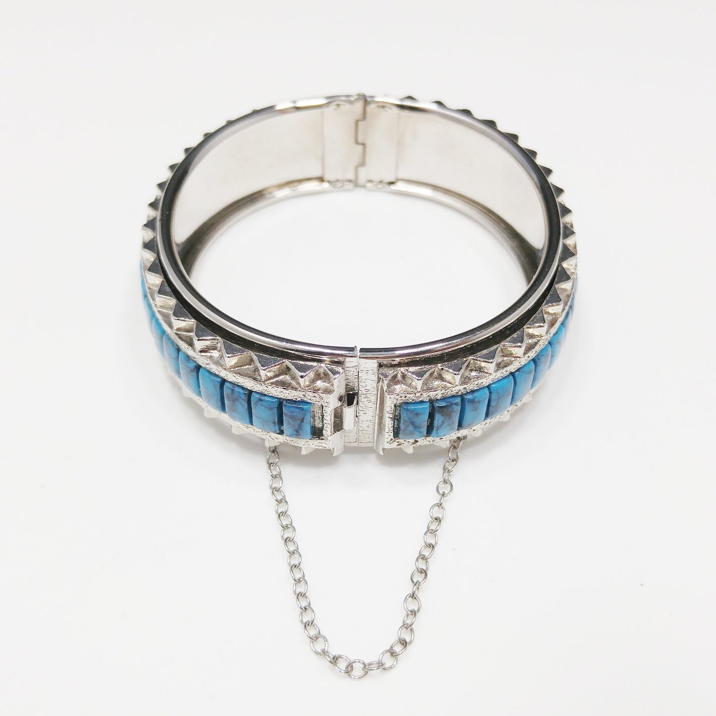 Whiting & Davis Faux Turquoise Hinged Bracelet, Silver Tone, 1970s Vintage Jewelry