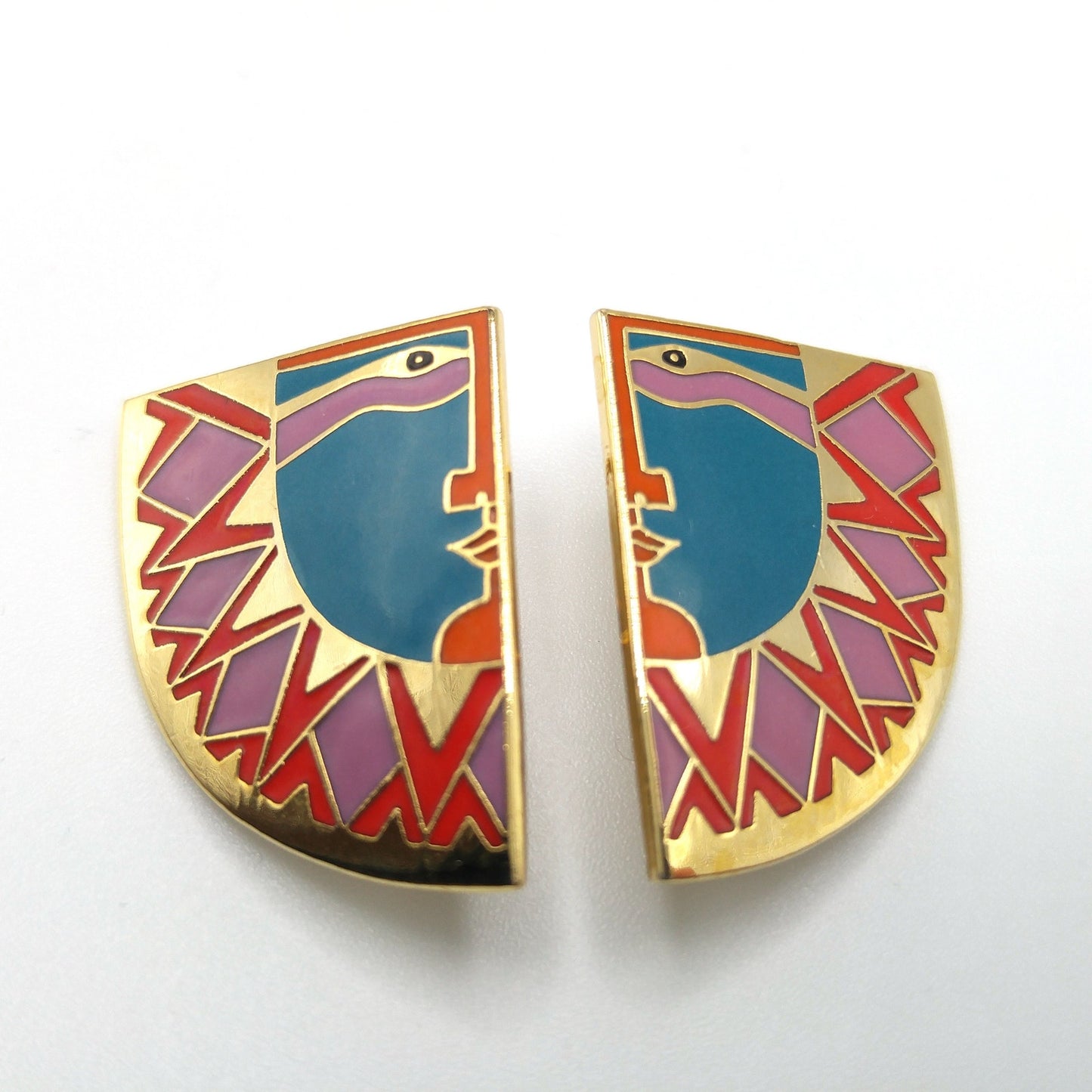 Laurel Burch "Sunface" Clip Earrings, Gold Plated Cloisonne Enamel, 1980s Vintage Jewelry