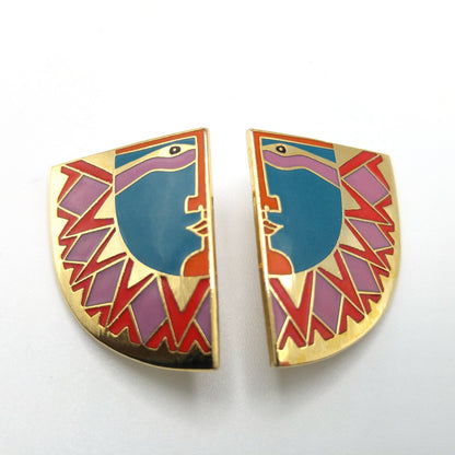 Laurel Burch "Sunface" Clip Earrings, Gold Plated Cloisonne Enamel, 1980s Vintage Jewelry