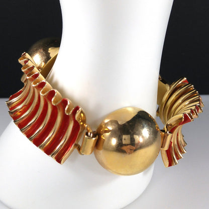 Red Enamel Ribbon Bracelet, Mid Century Modern, Gold Plated, 1950s Vintage Jewelry