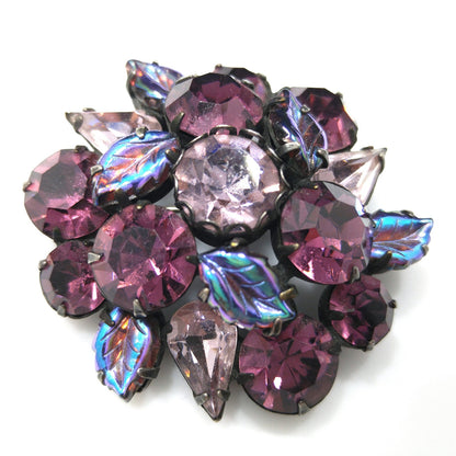 Regency Purple Lavender Floral Brooch, Art Glass Iridescent Leaves, 1950s Vintage Jewelry
