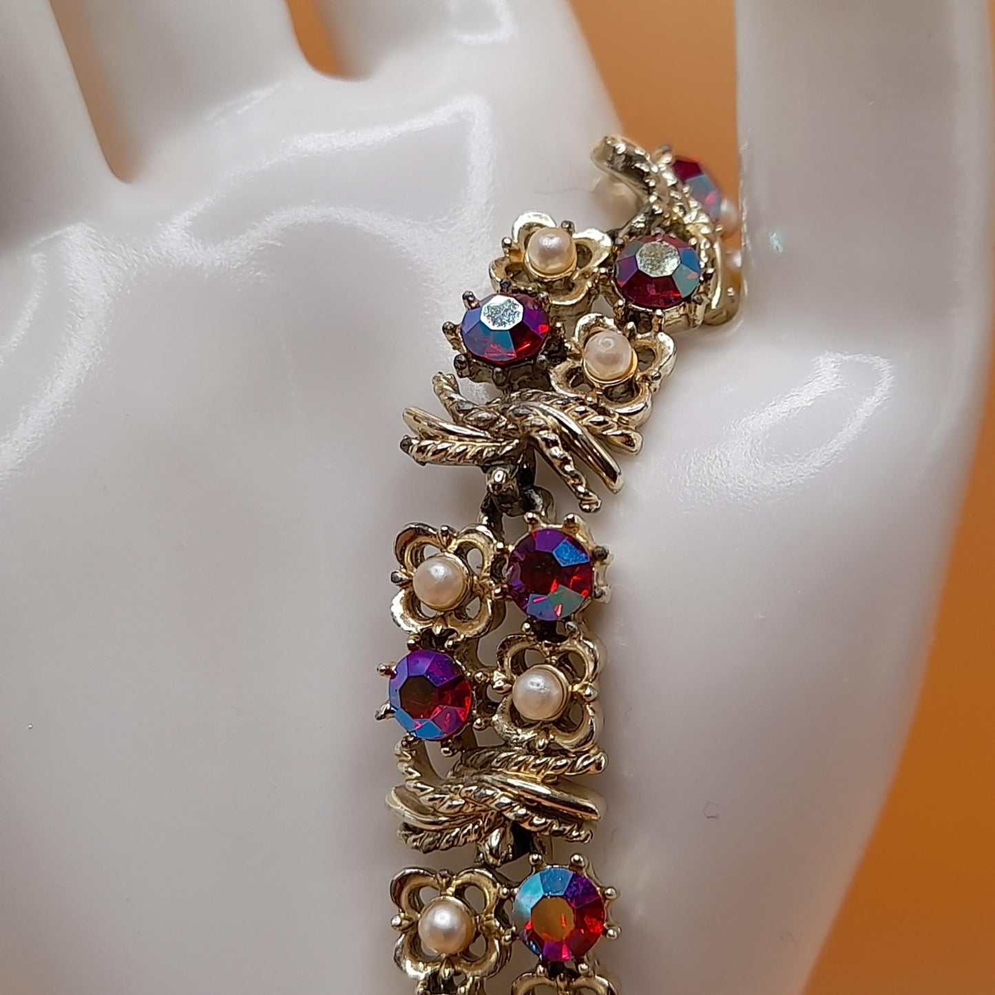 Vintage Coro Red Rhinestone Bracelet, Aurora Borealis, 1950s, 6 1/4 In