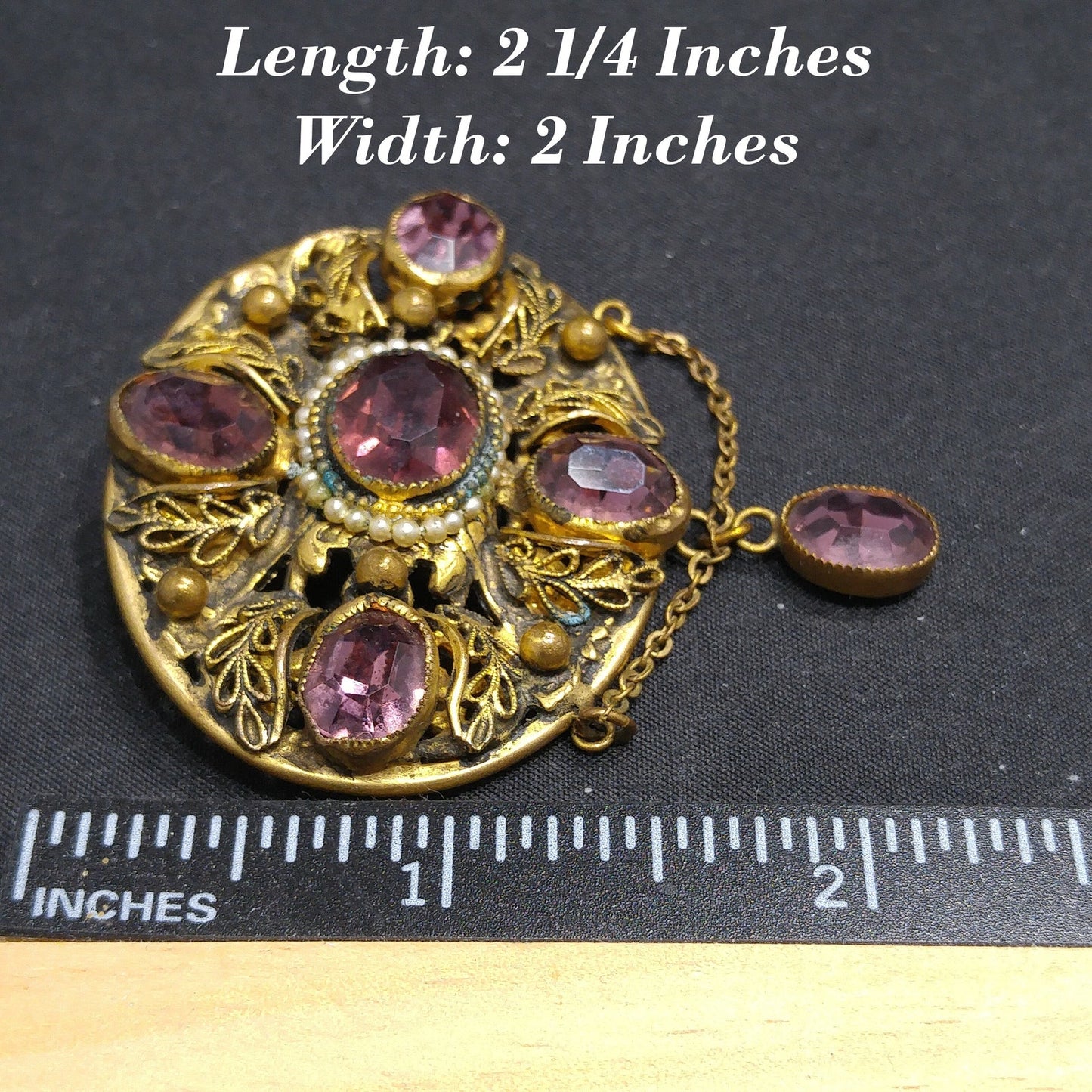 Art Nouveau Purple Czech Brooch, Purple Oval Dangle Rhinestone, 1930s Vintage Jewelry