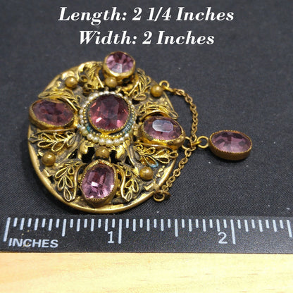 Art Nouveau Purple Czech Brooch, Purple Oval Dangle Rhinestone, 1930s Vintage Jewelry