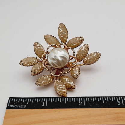 Vintage 1950s Molded Cream Leaves Faux Pearl Flower Brooch