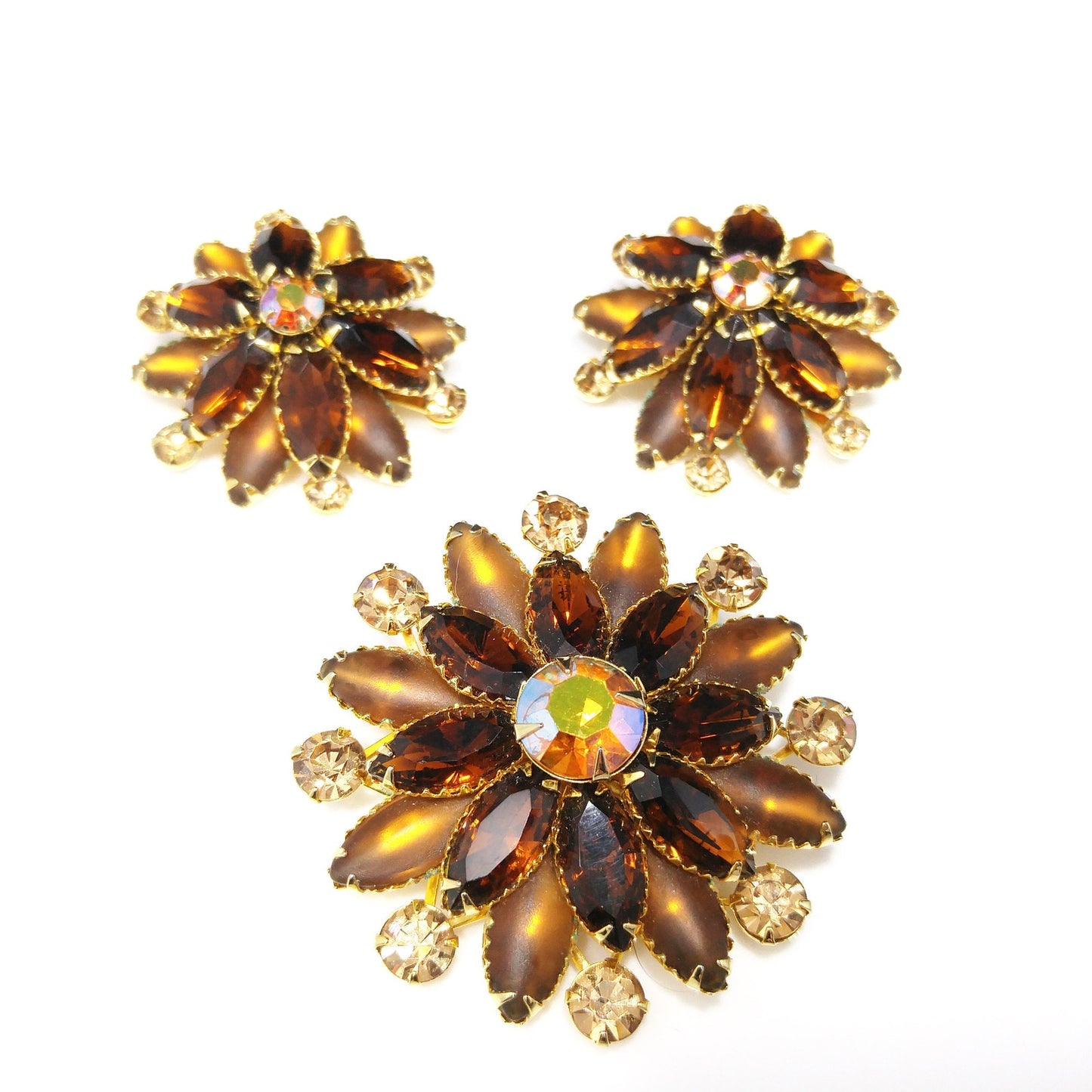Judy Lee Topaz Rhinestone Brooch & Earrings Set, Gold Plated, Aurora Borealis, 1960s