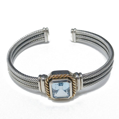 Sterling Silver 14K Gold Blue Topaz Cable Cuff Bracelet CNA Thailand