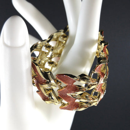 Rust Enamel Gold Plated Wide Link Bracelet, Mid Century Modern, 1950s Vintage Jewelry