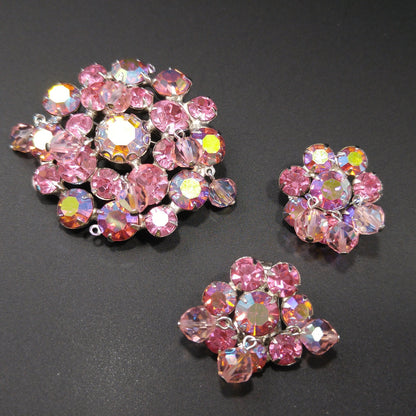 Weiss 1960s Pink Aurora Borealis Brooch & Clip Earrings Set | Dangling Crystal Beads | Vintage Mid-Century Jewelry